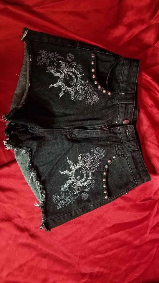 Black Denim Western Hippy Studded Shorts Sun Moon Embroidery - photo 4
