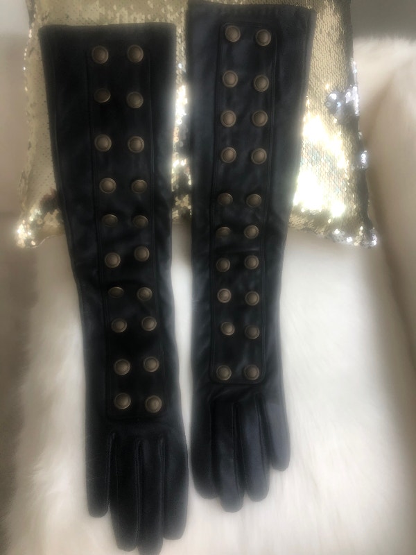 Long leather gloves new cashmere lined brass metal detail Holt R - photo 2