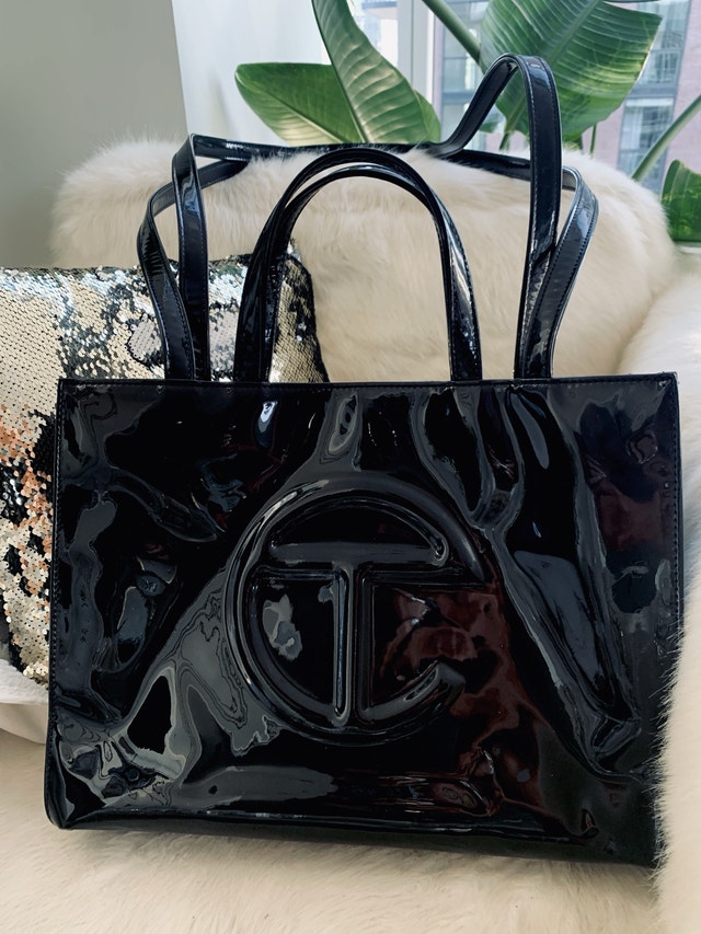 TELFAR purse, New black patent tote TF102, M
