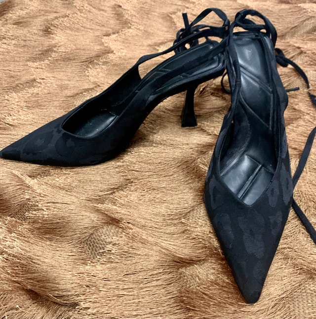 Zara Heels Ankle Ties Stilettos Satin Black Leopard