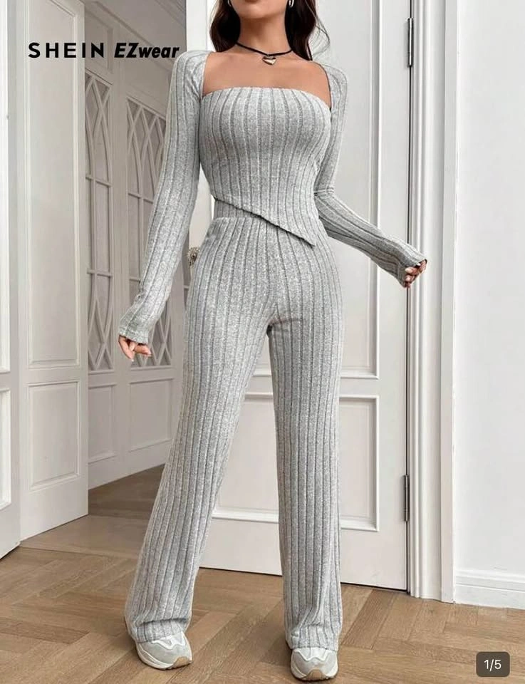 SHEIN EZwear Gray Ribbed Two-Piece Set Crop Top M/L