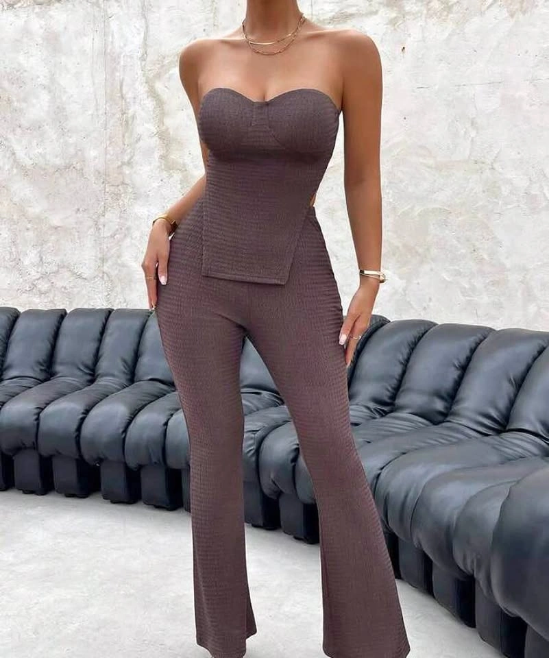Dark Brown Ribbed Strapless Top Flared Pants Set Size Medium
