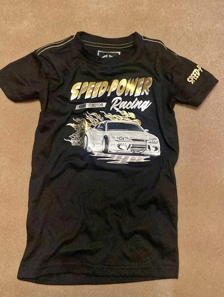 Black Speed Power Racing Car T-shirt Gold Details kids Size 4