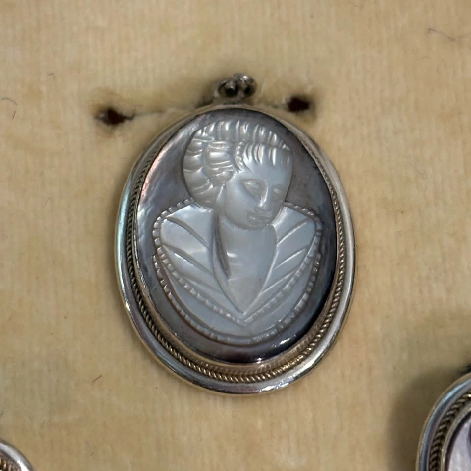 Vintage Cameo Set Sterling Silver Screw Earrings & Pendant - Ita - photo 3