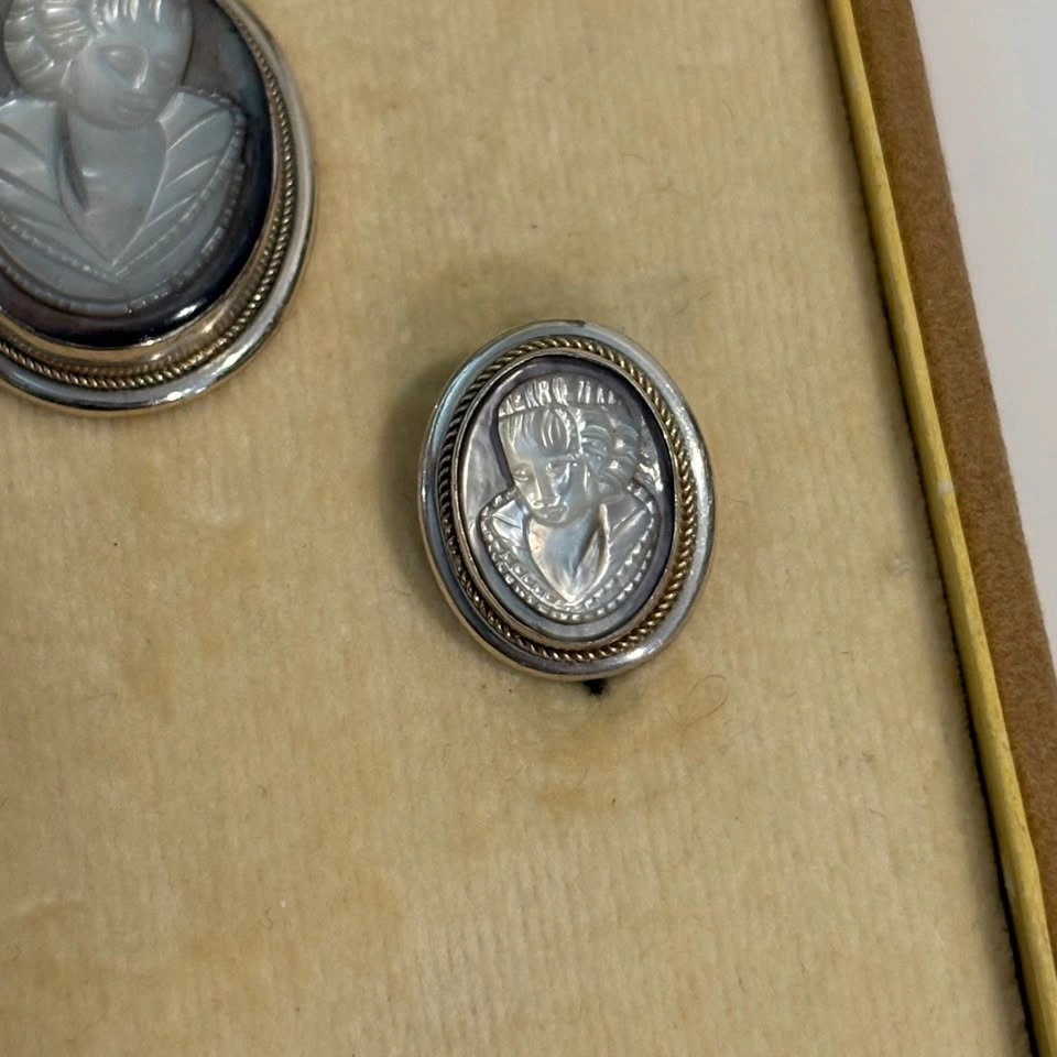 Vintage Cameo Set Sterling Silver Screw Earrings & Pendant - Ita - photo 4