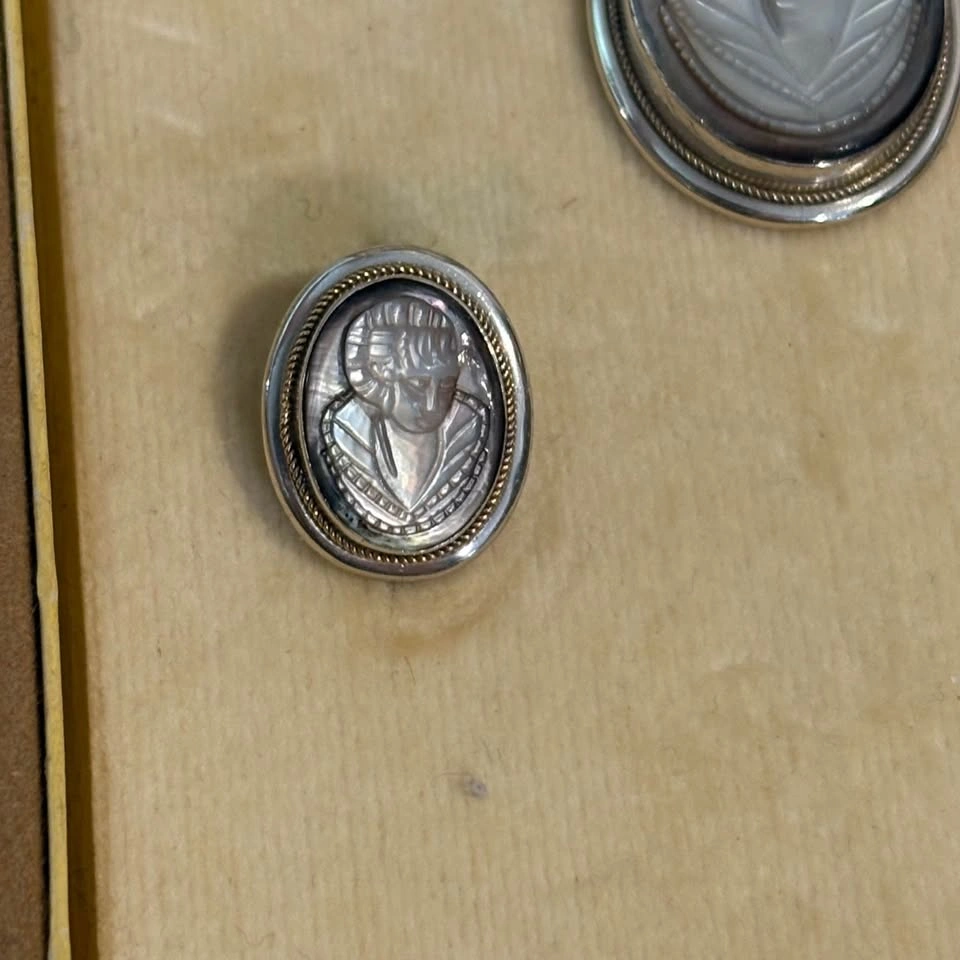 Vintage Cameo Set Sterling Silver Screw Earrings & Pendant - Ita - photo 5