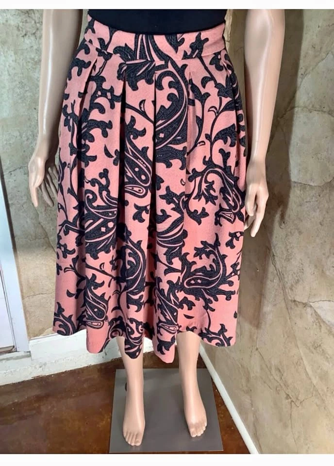 H&M Womens Skirt Pink Floral Jacquard Pockets Midi Pleated Full