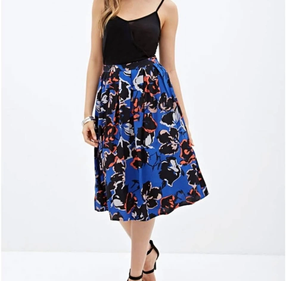 Forever 21 Blue & Black Pleated Floral Midi Skirt