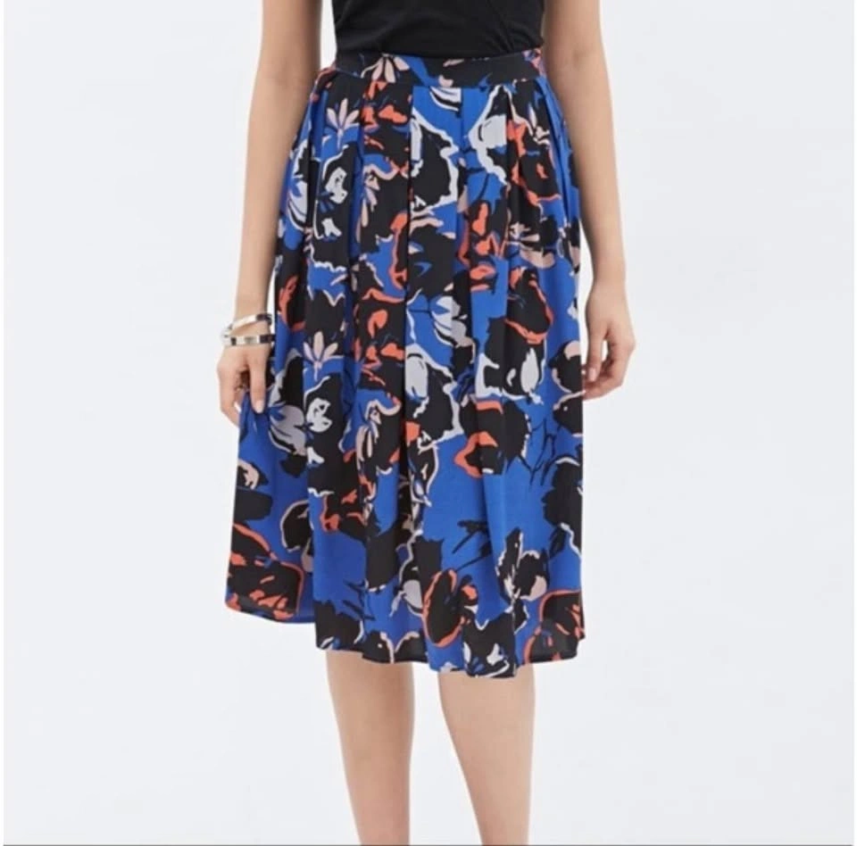 Forever 21 Blue & Black Pleated Floral Midi Skirt - photo 2