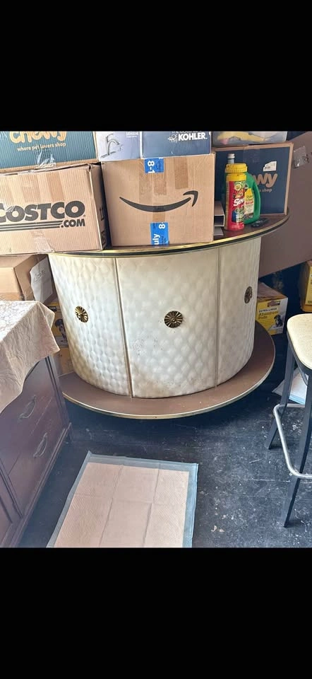 Vintage Curved Bar Cabinet with 3 Bar Stools