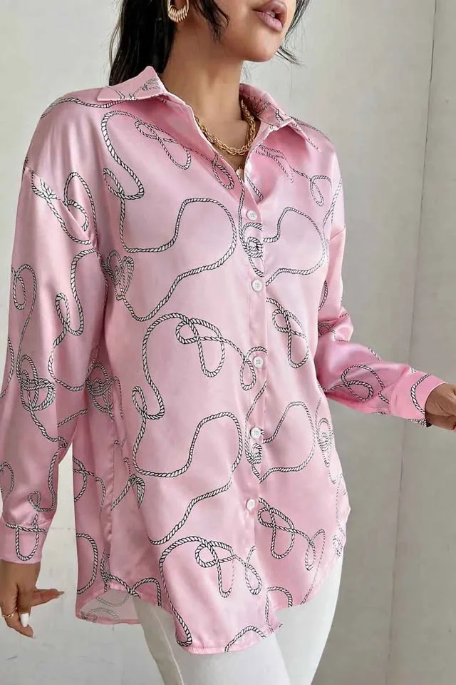 Zara Pink Satin Rope Print Button Down Blouse