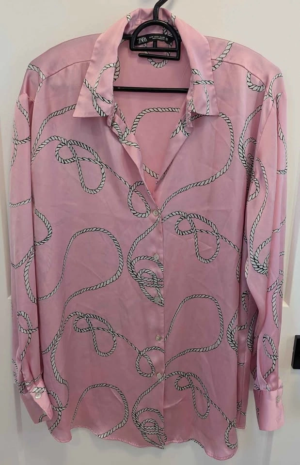 Zara Pink Satin Rope Print Button Down Blouse - photo 2