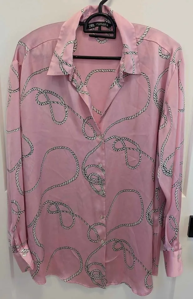 Zara Pink Satin Rope Print Button Down Blouse - photo 2