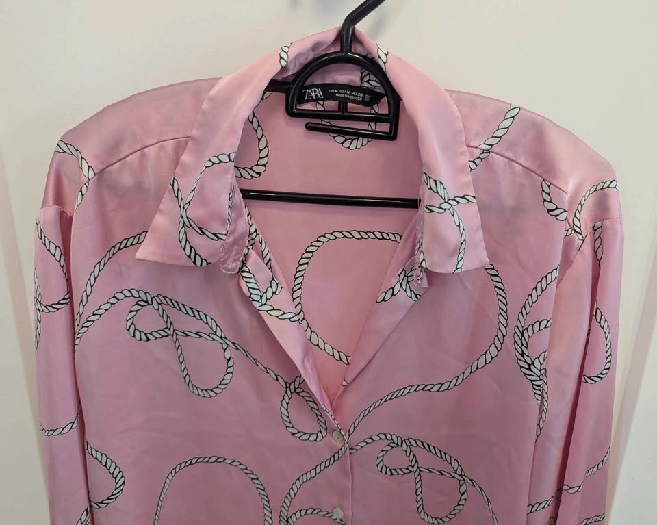 Zara Pink Satin Rope Print Button Down Blouse - photo 3