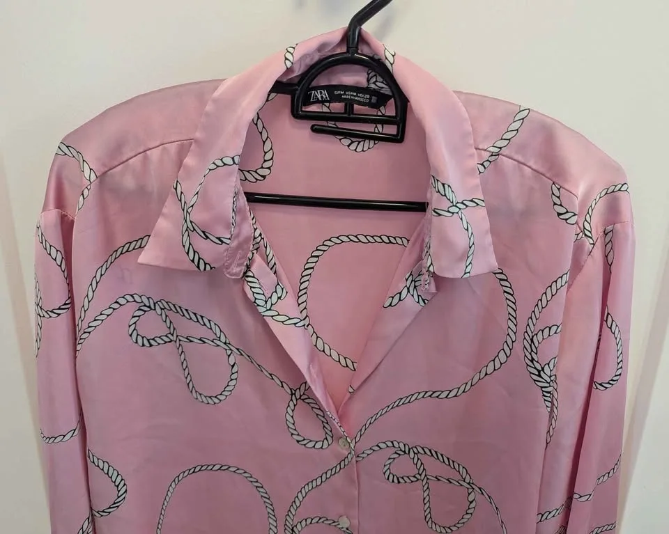 Zara Pink Satin Rope Print Button Down Blouse - photo 3