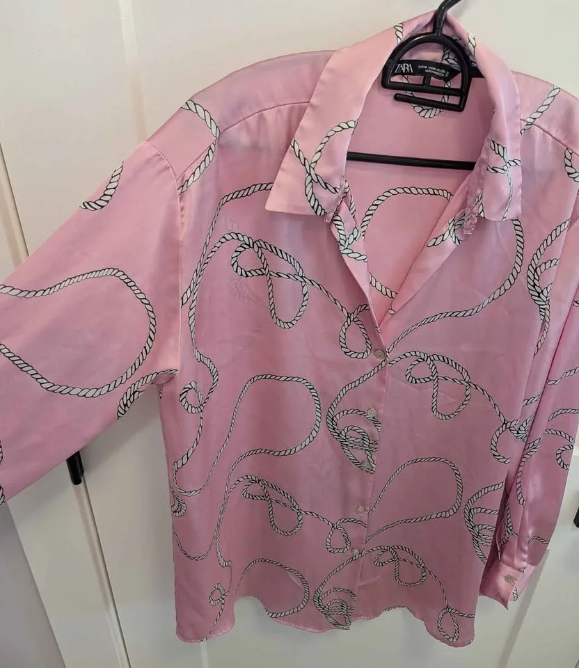 Zara Pink Satin Rope Print Button Down Blouse - photo 5