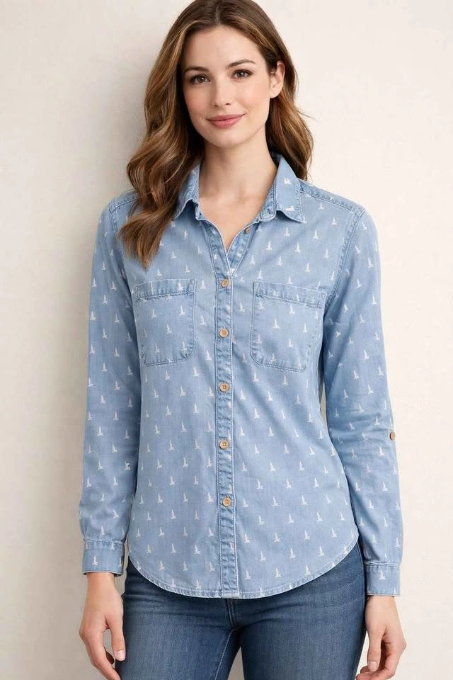 Blossom Tencel Chambray Bird Print Button Up Shirt - Size S