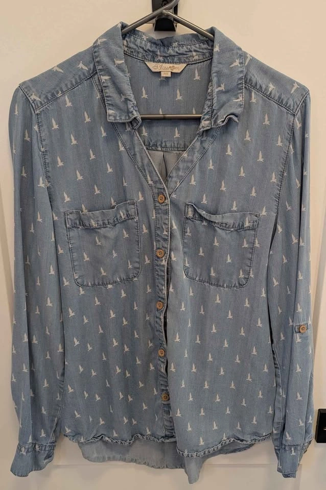 Blossom Tencel Chambray Bird Print Button Up Shirt - Size S - photo 2