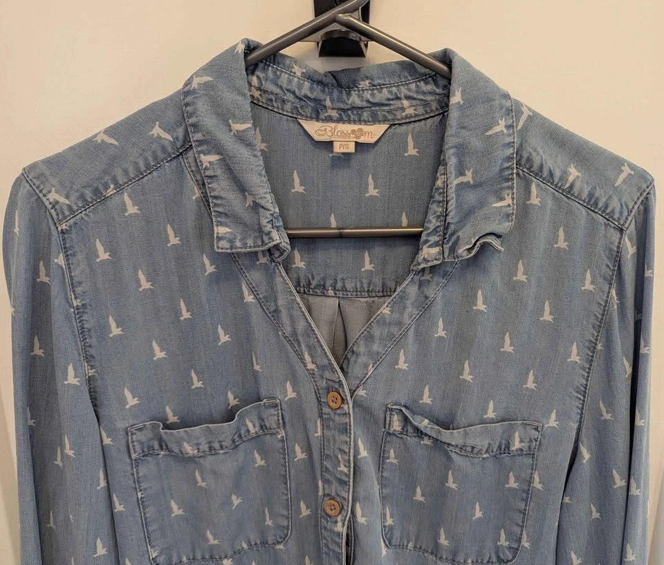 Blossom Tencel Chambray Bird Print Button Up Shirt - Size S - photo 3
