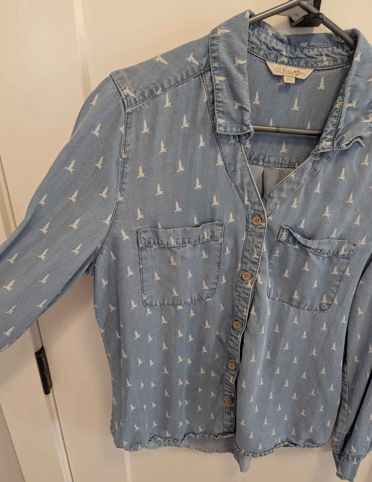 Blossom Tencel Chambray Bird Print Button Up Shirt - Size S - photo 4