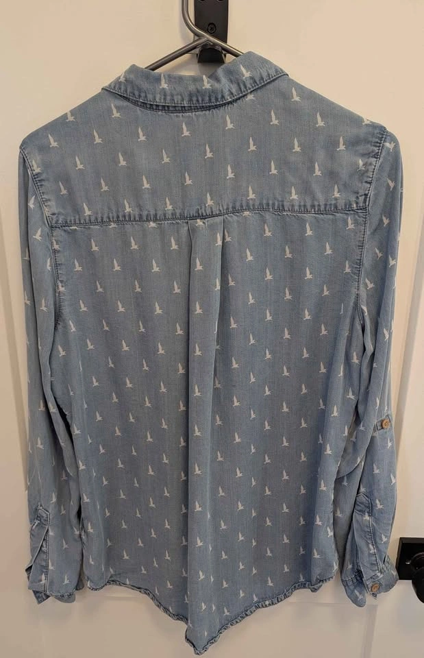 Blossom Tencel Chambray Bird Print Button Up Shirt - Size S - photo 5