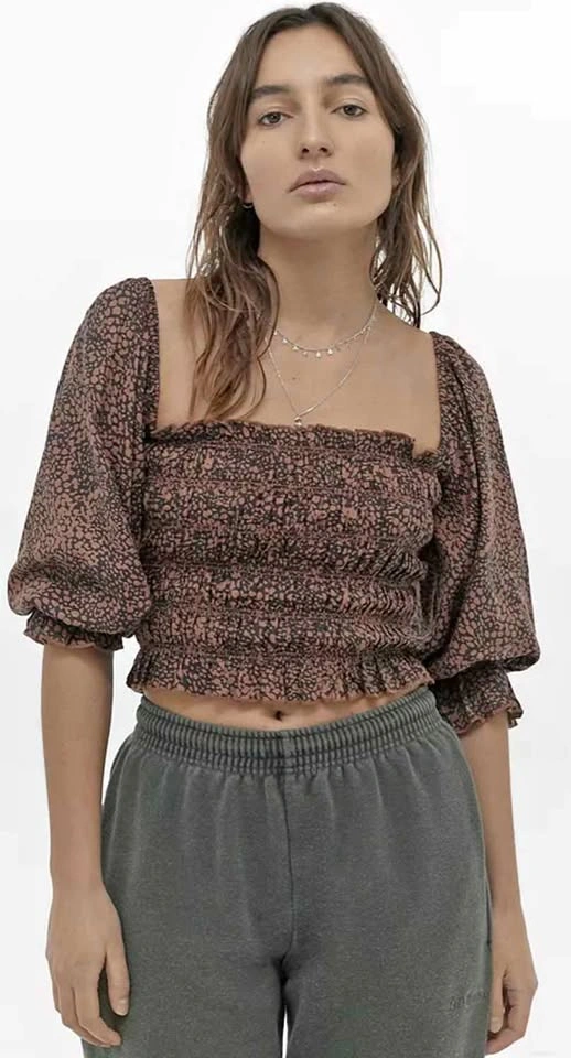 Urban Outfitters Smocked Puff Sleeve Crop Top Brown Boho