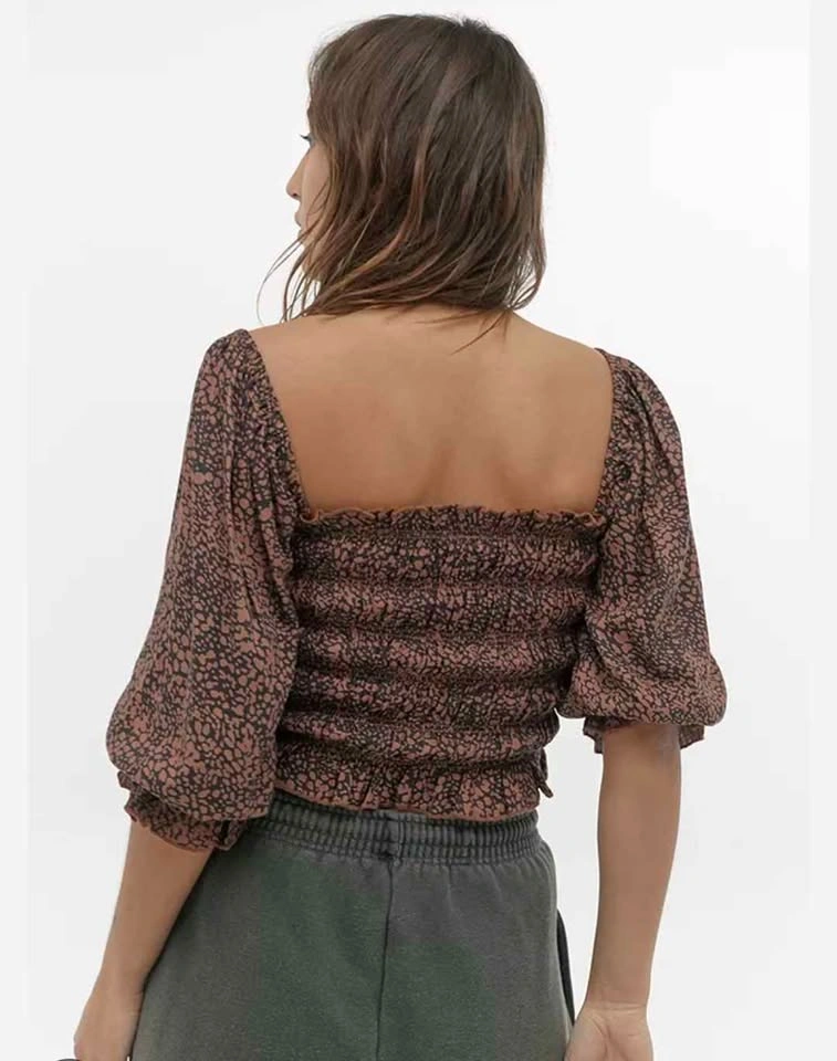Urban Outfitters Smocked Puff Sleeve Crop Top Brown Boho - photo 2