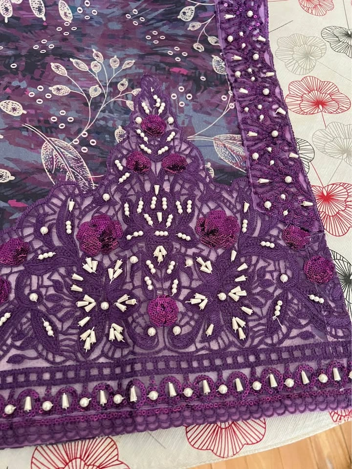 Beautiful Embroidered 3Pcs Suit with Moti, Pearl, Sequence & Cut - photo 5