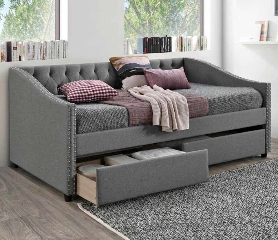 Grey Upholstered Daybed with Storage Drawers + IKEA Mattress