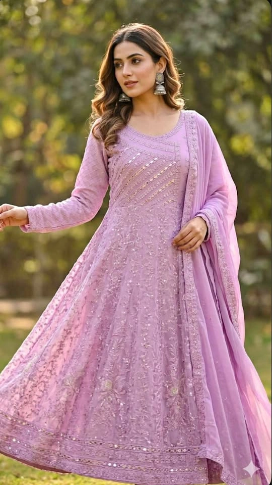 Beautiful soft chiffon embroidered 3pcs flaired Anarkali frock