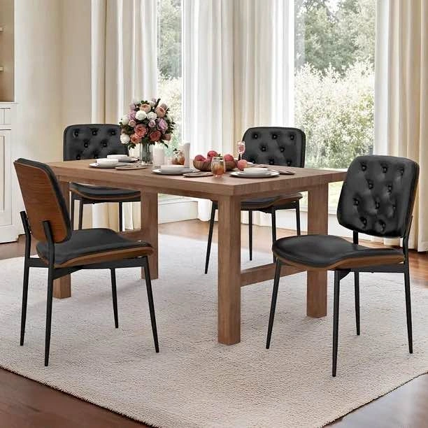 Dining Chairs Set of 4 – Mid Century Retro Faux Leather, Walnut