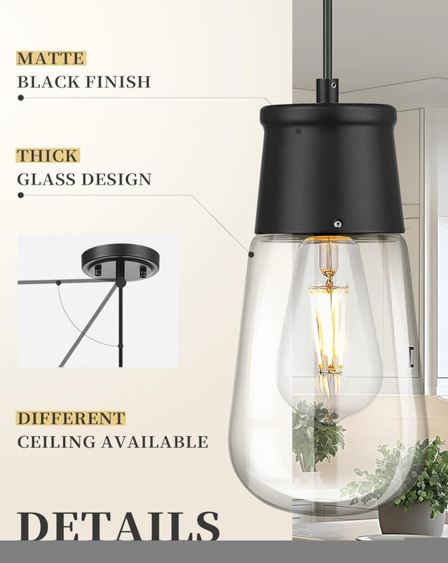 LIROUVET 2-Pack Black Pendant Lights with Clear Glass - photo 3