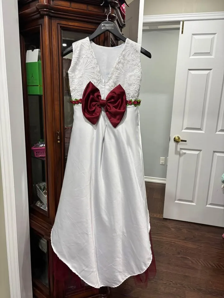 Elegant Girls Party Dress – White & Red Lace, Big Bow image indicator(2)