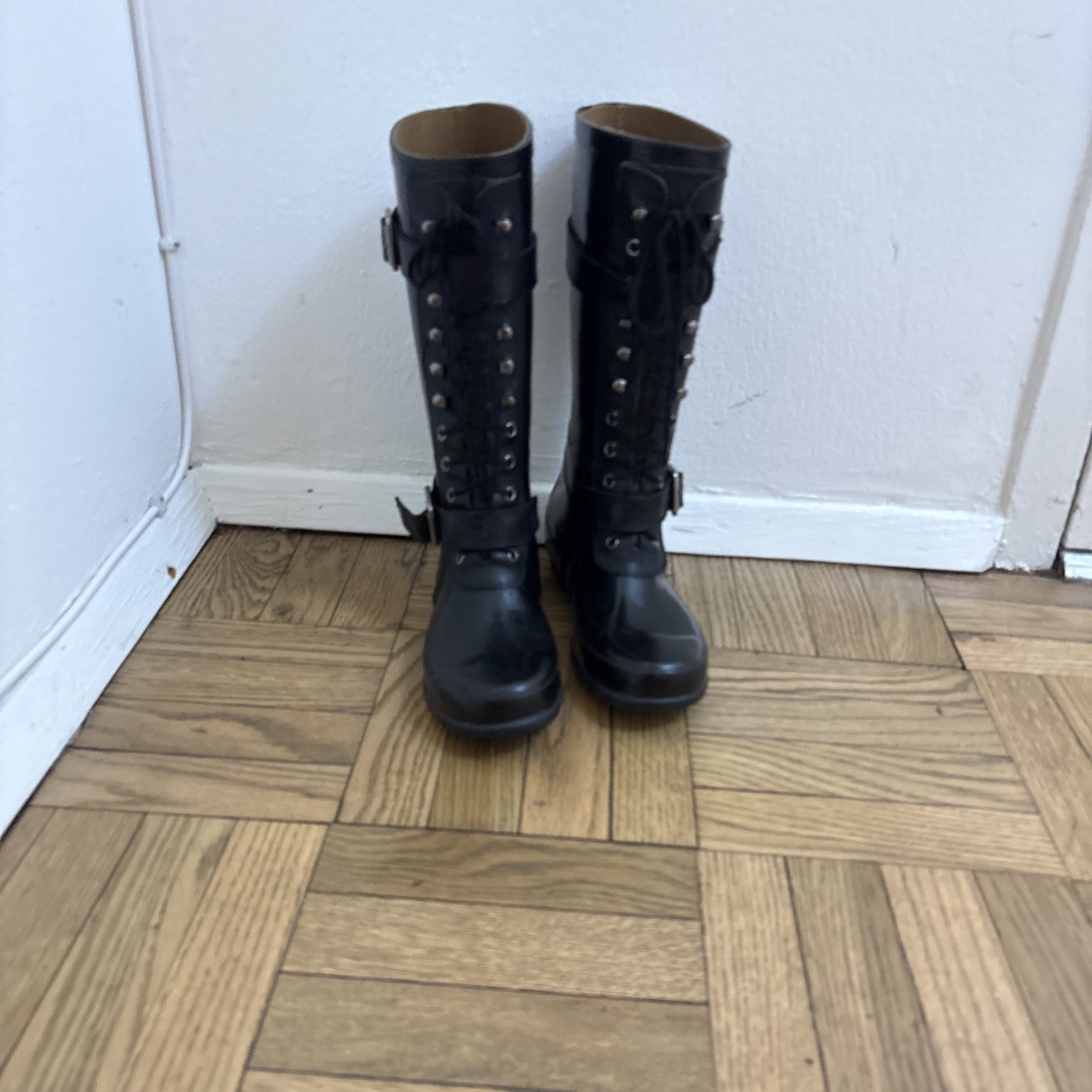 Women's Size 8 BCBG Lace Up Rain Boots Black