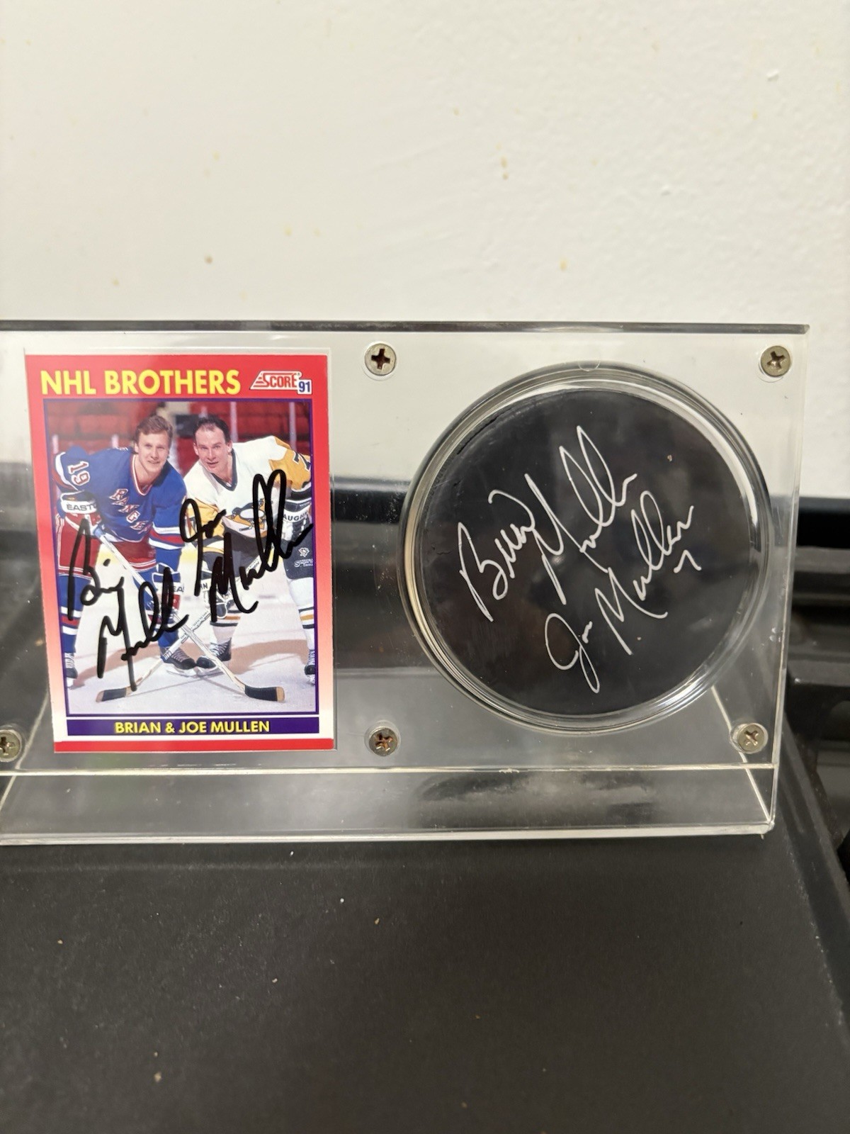 Mullins Brothers Signed Puck and Trading Card In Lucite Display
