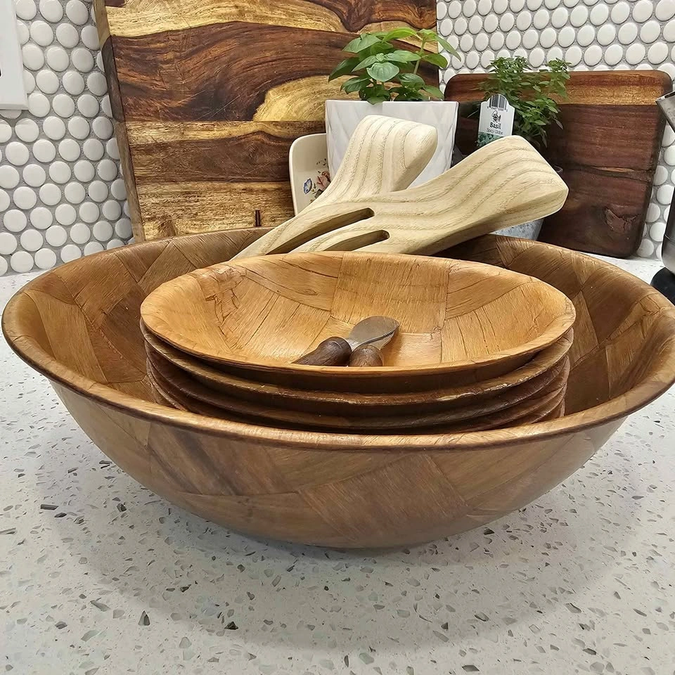 Solid Wood Salad Bowl Set w/ Serving Utensils 🍃