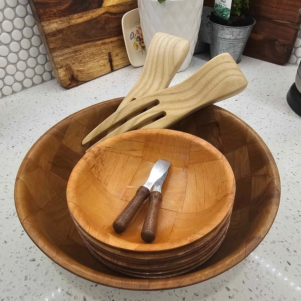 Solid Wood Salad Bowl Set w/ Serving Utensils 🍃 - photo 2