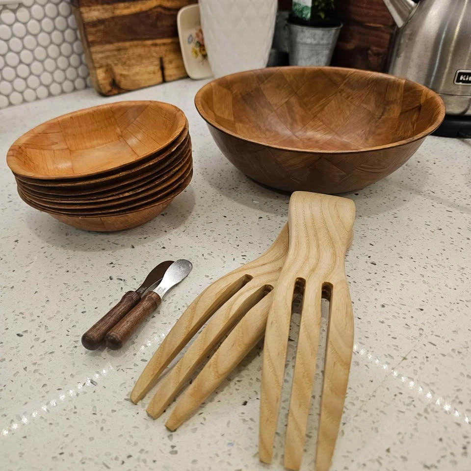Solid Wood Salad Bowl Set w/ Serving Utensils 🍃 - photo 3