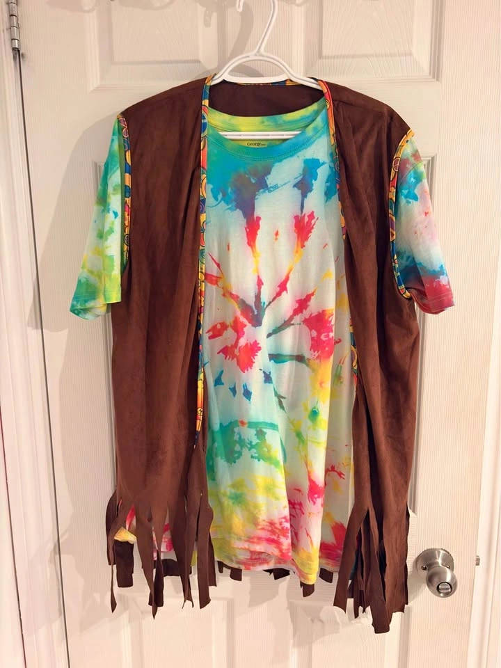 Tie-Dye T-Shirt and Brown Fringed Vest