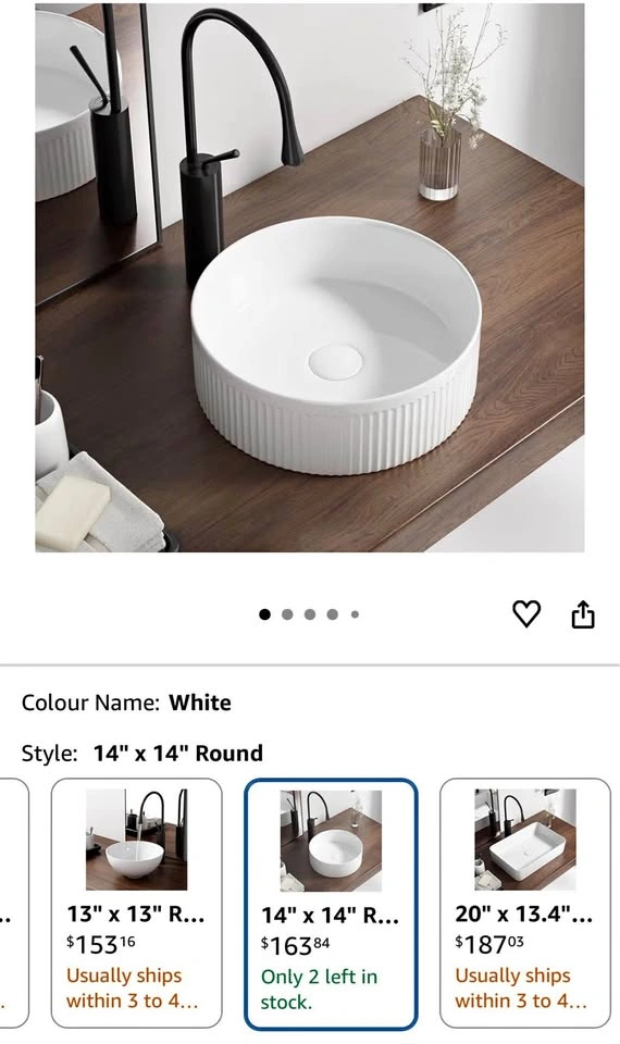 14" Round White Ceramic Vessel Sink - Above Counter Bathroom Sin