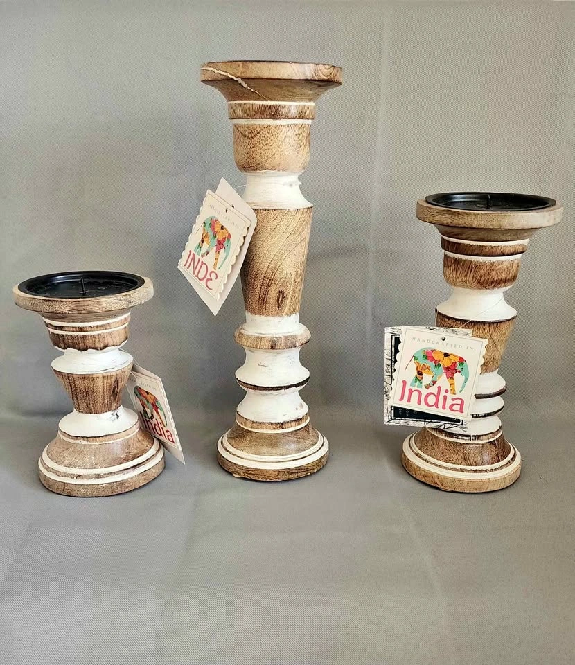 Wooden Pillar Candle Holders, set of 3.