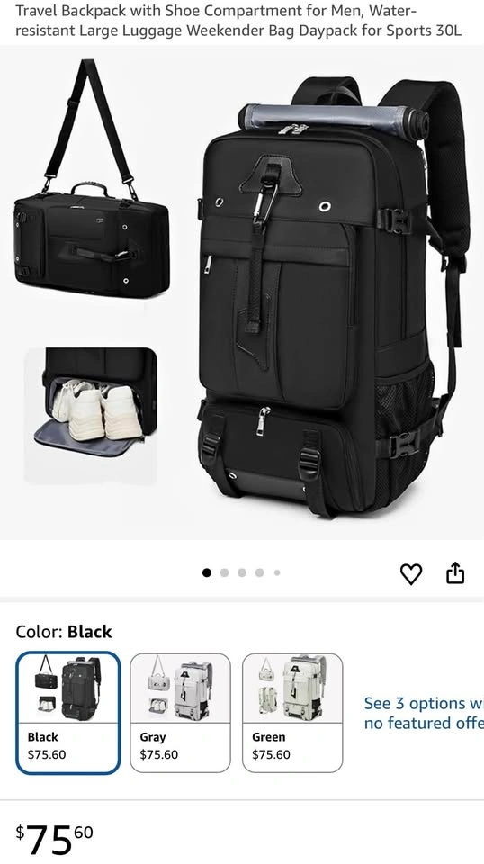 30L Travel Backpack with Shoe Compartment - Black