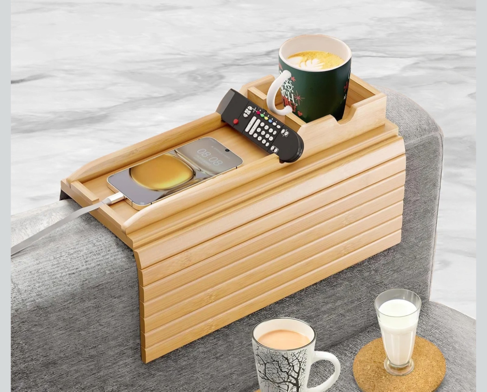 CROSN Wooden Sofa Armrest Holder with Qi Wireless Charging