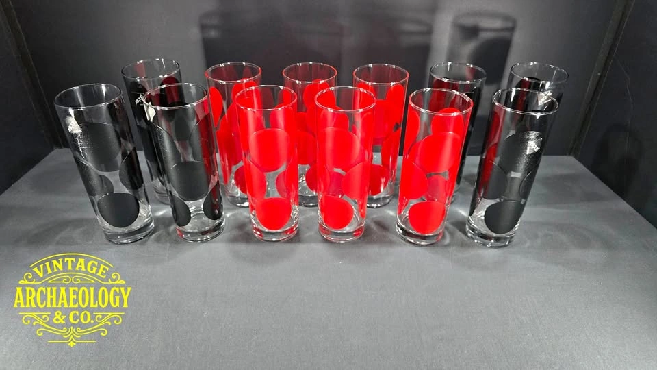 Mid-Century Modern Glassware Set - 12 Pc Red & Black Polka Dot