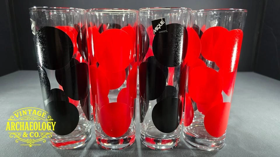 Mid-Century Modern Glassware Set - 12 Pc Red & Black Polka Dot - photo 3