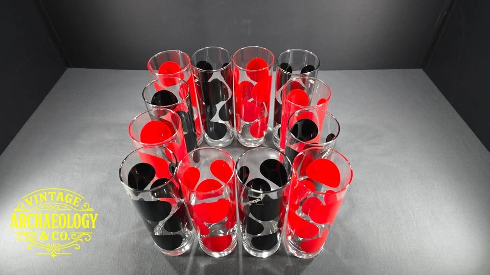 Mid-Century Modern Glassware Set - 12 Pc Red & Black Polka Dot - photo 4