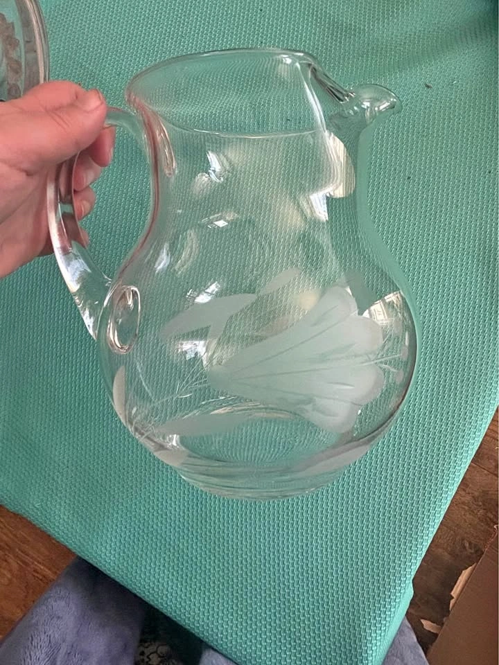 Etched Glass Floral Pitcher