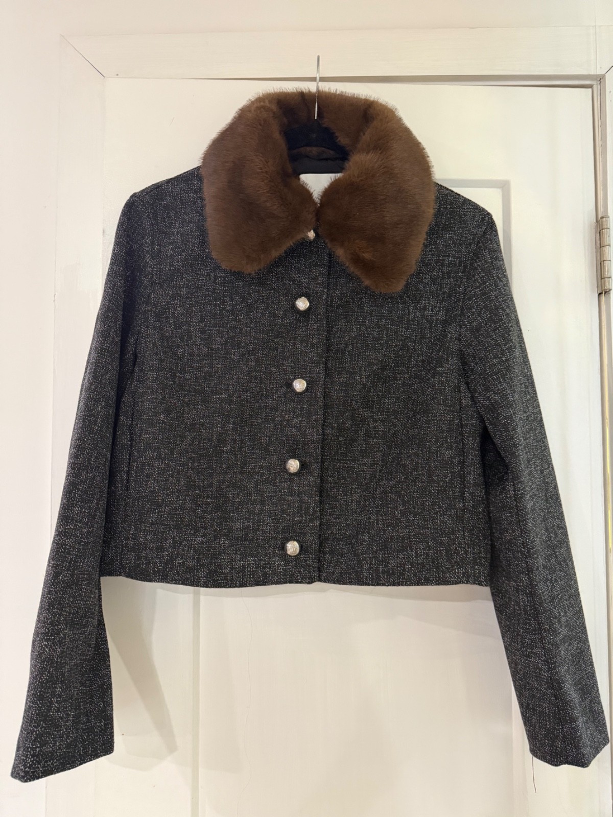 H&M Short Grey Boucle Jacket with Fur Collar - Women's Small