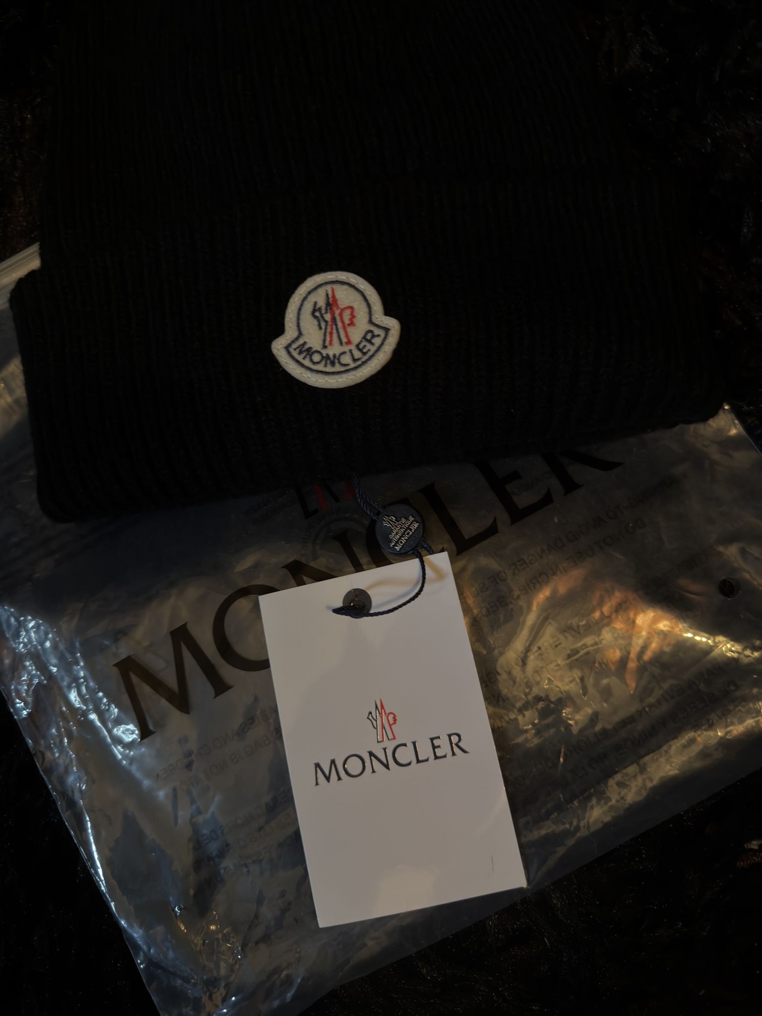 Black Moncler Beanie White Logo