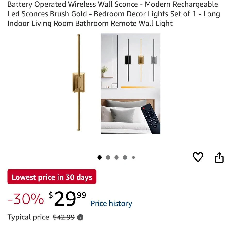 24" Battery Operated Wireless Wall Sconce (Gold) - Set of 1